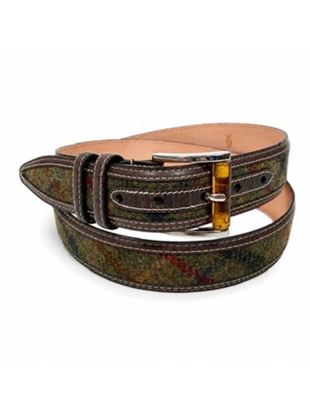 Martin Dingman Tweed Plaid Country Wear Leather Belt Resin Buckle Mens Size 40